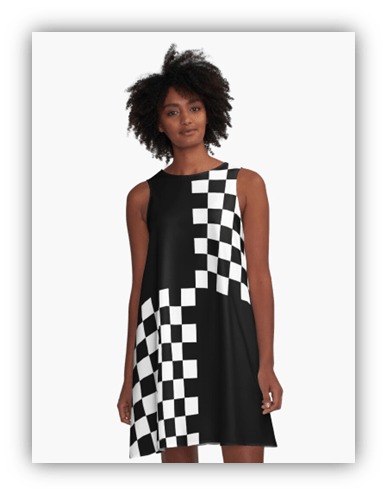 "Model wearing a stylish black and white checkered dress."