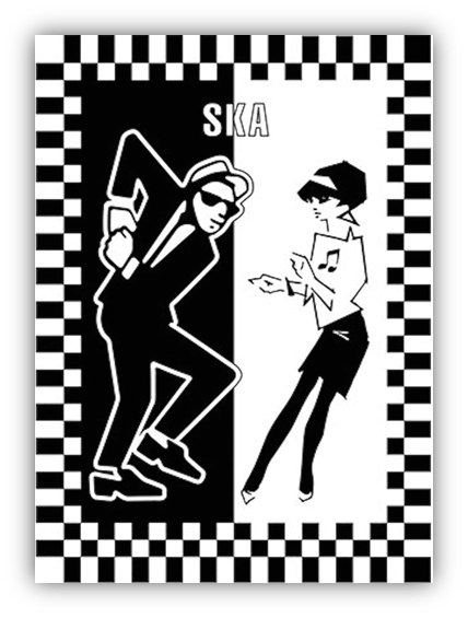 "Ska music illustration featuring a dancing man and woman in black and white with a checkered border."