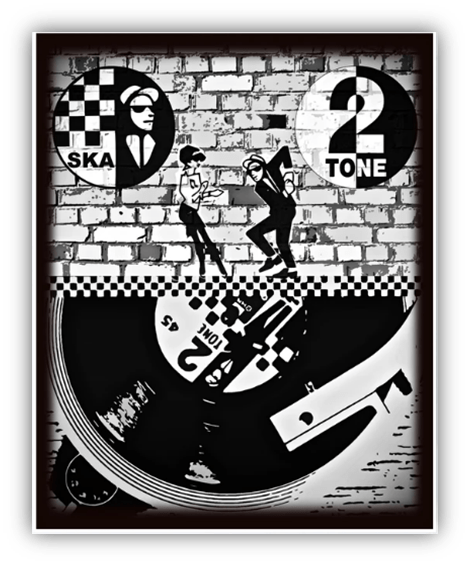 "Black and white illustration of ska and 2 Tone music themes with vinyl record and dancers against a brick wall."