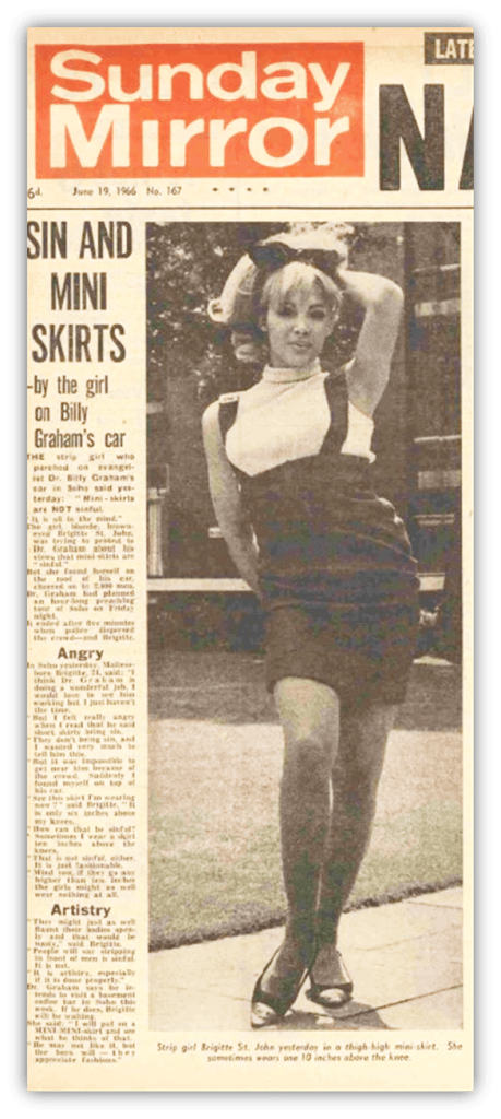 "1966 Sunday Mirror cover featuring Brigitte St. John in a mini skirt."