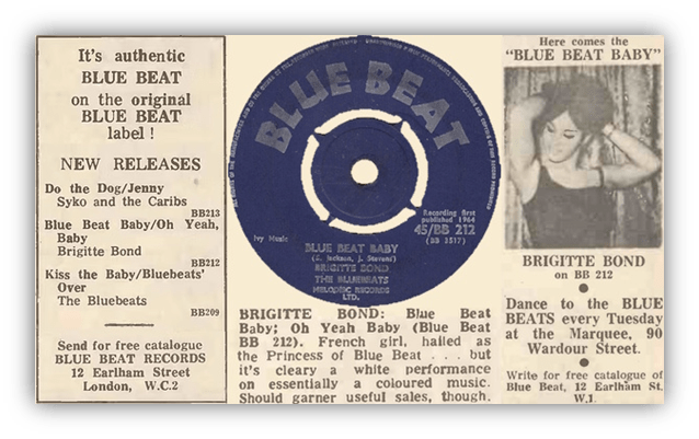"Vintage Blue Beat record label featuring 'Blue Beat Baby' by Brigitte Bond, with promotional details."