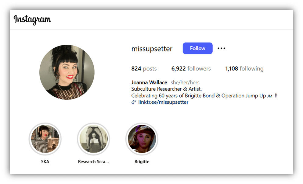 Instagram profile of Joanna Wallace, subculture researcher and artist, with 6,922 followers.