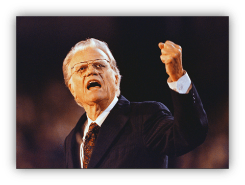 "Billy Graham passionately delivering a sermon."