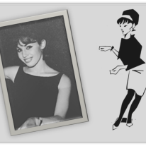 "Vintage black and white photo of a smiling woman beside a stylized illustration of a fashionable woman in a dress."