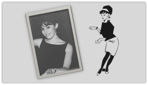 "Vintage black and white photo of a smiling woman beside a stylized illustration of a fashionable woman in a dress."