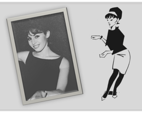 "Vintage black and white photo of a smiling woman beside a stylized illustration of a fashionable woman in a dress."