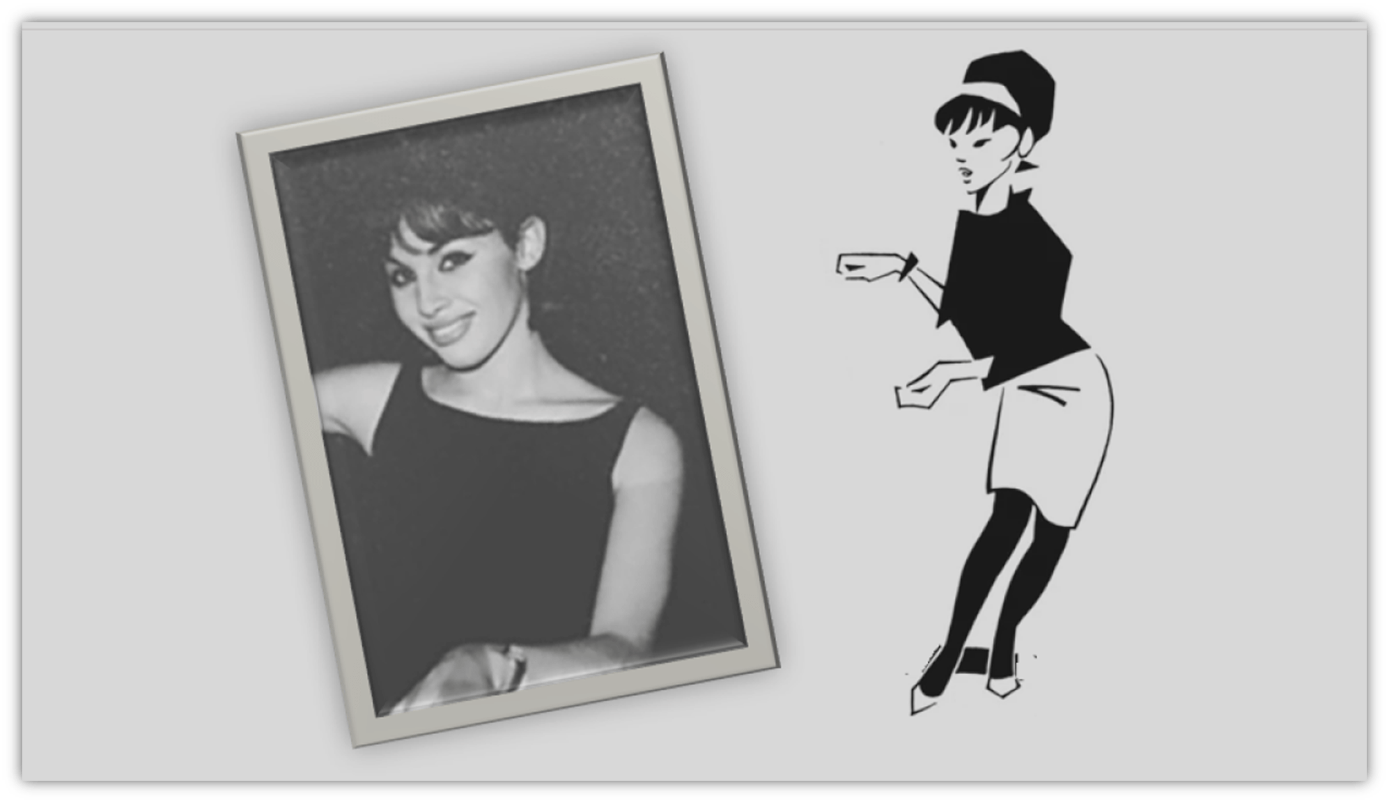 "Vintage black and white photo of a smiling woman beside a stylized illustration of a fashionable woman in a dress."