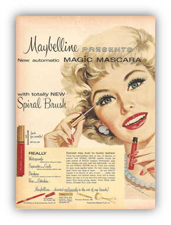 "Vintage Maybelline advertisement featuring a woman applying Magic Mascara with a Spiral Brush."