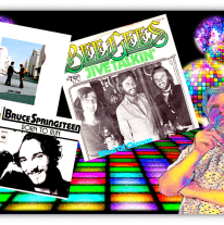"Colorful collage featuring iconic album covers from the Bee Gees and Bruce Springsteen, set against a vibrant disco background."