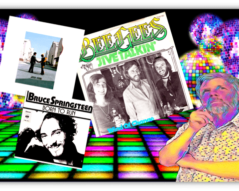 "Colorful collage featuring iconic album covers from the Bee Gees and Bruce Springsteen, set against a vibrant disco background."