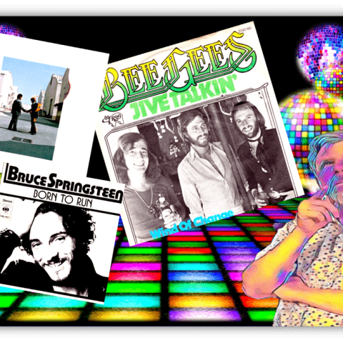 "Colorful collage featuring iconic album covers from the Bee Gees and Bruce Springsteen, set against a vibrant disco background."