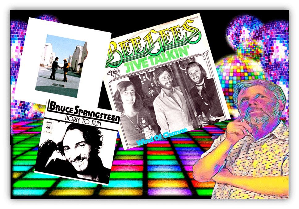 "Colorful collage featuring iconic album covers from the Bee Gees and Bruce Springsteen, set against a vibrant disco background."
