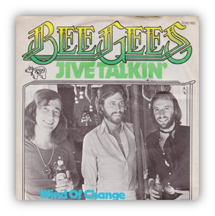 "Bee Gees album cover for 'Jive Talkin'' featuring the iconic band members."