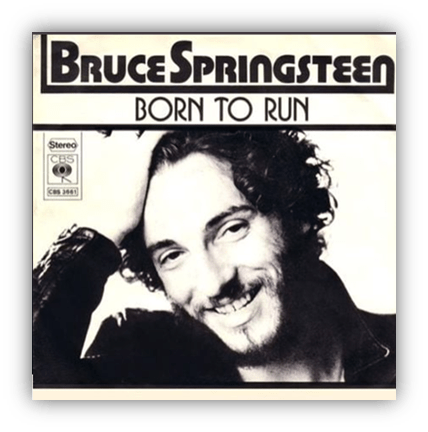 "Bruce Springsteen 'Born to Run' album cover featuring a smiling Springsteen."