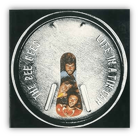 Alt text: "The Bee Gees 'Life in a Tin Can' album cover featuring a circular tin design with a photo of the band."