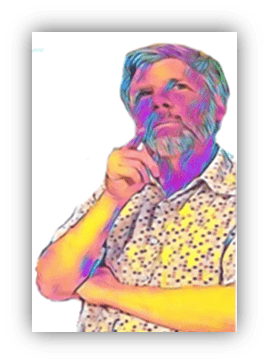 "Thoughtful man with colorful artistic effects, wearing a patterned shirt."