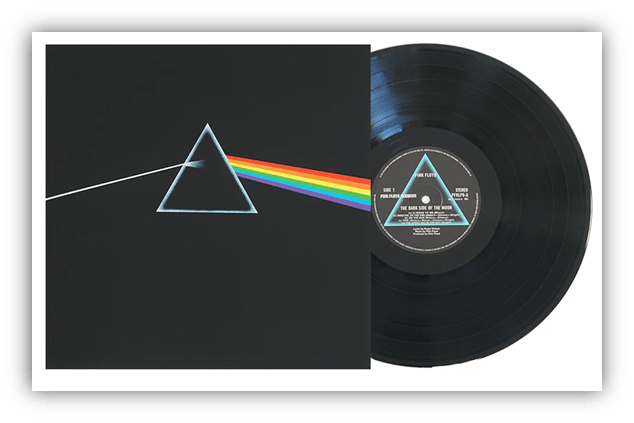 "Vinyl record of Pink Floyd's 'The Dark Side of the Moon' with iconic cover art featuring a prism and rainbow."