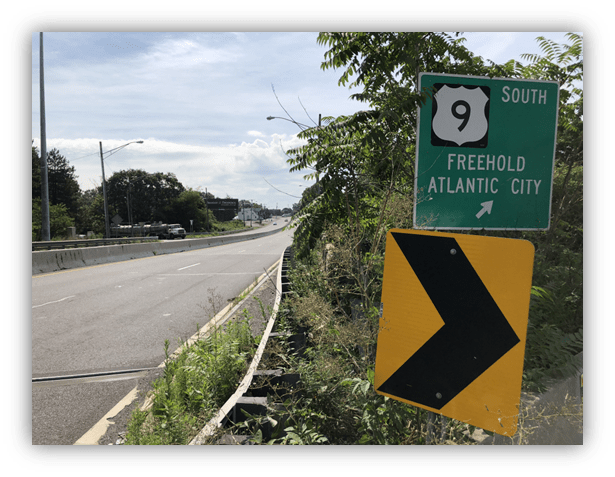 "Route 9 South sign directing to Freehold and Atlantic City, with a curve warning."