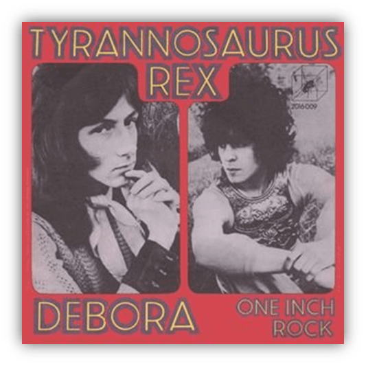 Album cover of "Debora" by Tyrannosaurus Rex featuring two musicians in a vintage style.