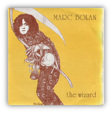 "Album cover for 'The Wizard' by Marc Bolan featuring a stylized illustration of Bolan holding a scythe."