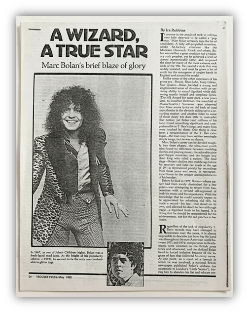 Alt text: "Magazine article featuring Marc Bolan with a photo and text discussing his influence in rock music."