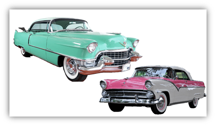 Vintage cars: a mint green Cadillac and a pink and gray classic Ford.