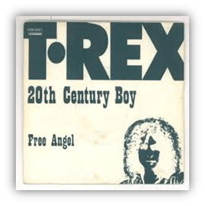 Alt text: "T. Rex single cover for '20th Century Boy' featuring 'Free Angel' title."