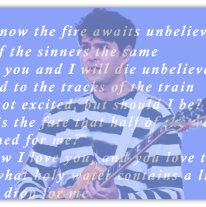 Alt text: "A musician holding a guitar, with song lyrics overlayed on a blue background."