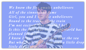 Alt text: "A musician holding a guitar, with song lyrics overlayed on a blue background."