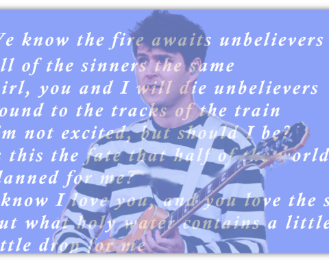 Alt text: "A musician holding a guitar, with song lyrics overlayed on a blue background."