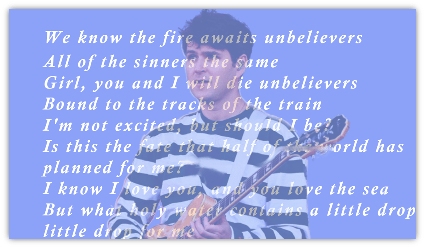 Alt text: "A musician holding a guitar, with song lyrics overlayed on a blue background."