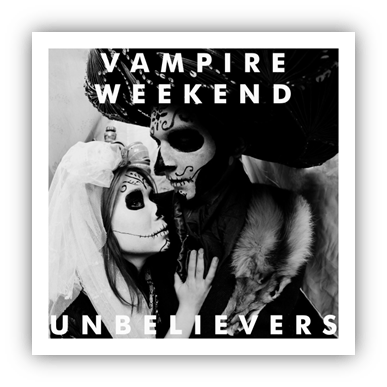 "Vampire Weekend 'Unbelievers' album cover featuring couple in skull makeup."
