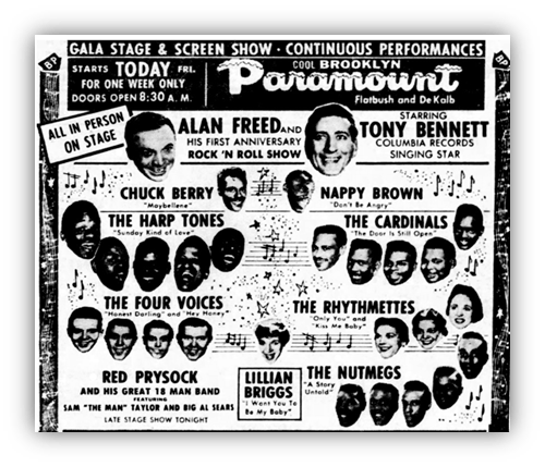 "Vintage poster for Paramount Theater featuring Alan Freed's Rock 'n' Roll show with performers like Chuck Berry and Tony Bennett."