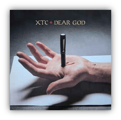 "Album cover of XTC's 'Dear God' featuring a hand with a pen resting on it."