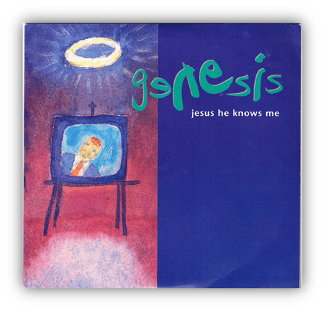 Album cover of Genesis' "Jesus He Knows Me" featuring a television and a halo.