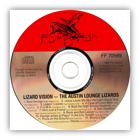 Alt text: "Austin Lounge Lizards album 'Lizard Vision' CD cover with tracklist and Flying Fish Records logo."