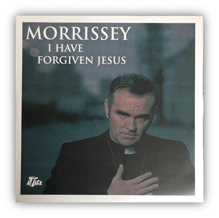 Morrissey album cover for "I Have Forgiven Jesus" featuring the artist in a black attire.