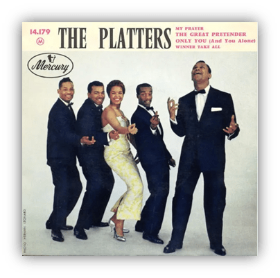 "The Platters album cover featuring five singers in vintage attire, showcasing their classic hits."
