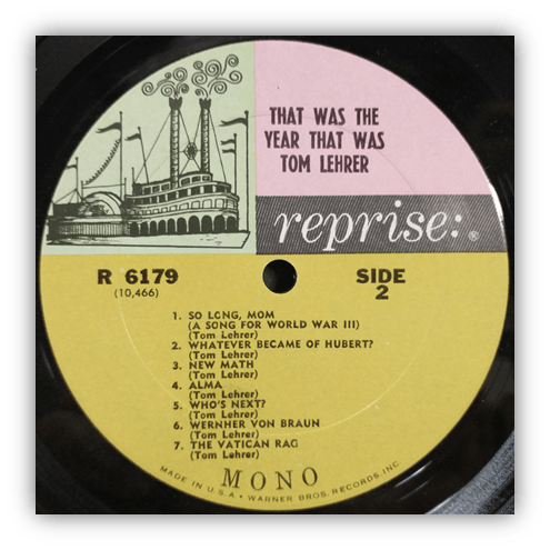 Alt text: "Vinyl record label for 'That Was the Year That Was' by Tom Lehrer, featuring song titles on side two."