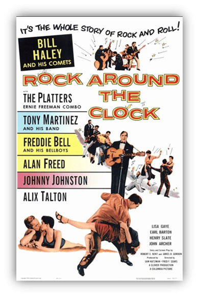 "Vintage movie poster for 'Rock Around the Clock' featuring Bill Haley and various artists, showcasing rock and roll culture."