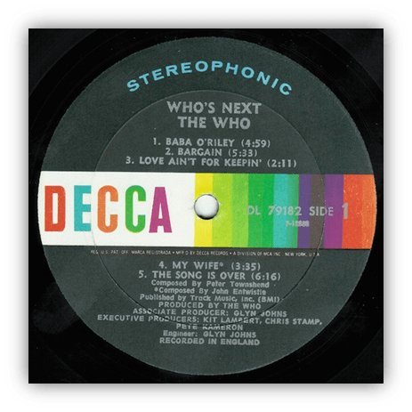 Alt text: "Vinyl record label of 'Who's Next' by The Who, featuring tracklist and production details."
