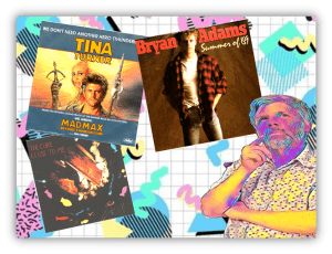 "Collage of iconic album covers featuring Tina Turner, Bryan Adams, and The Cure, with a colorful retro background."
