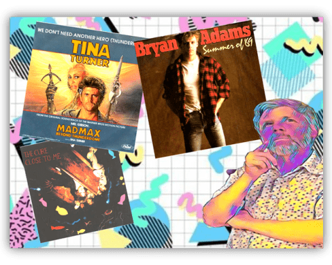 "Collage of iconic album covers featuring Tina Turner, Bryan Adams, and The Cure, with a colorful retro background."