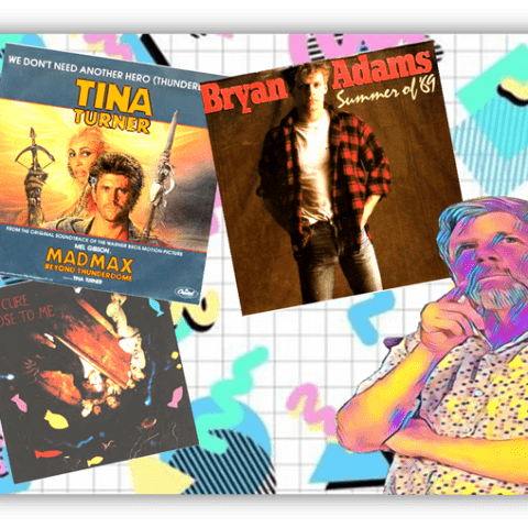 "Collage of iconic album covers featuring Tina Turner, Bryan Adams, and The Cure, with a colorful retro background."