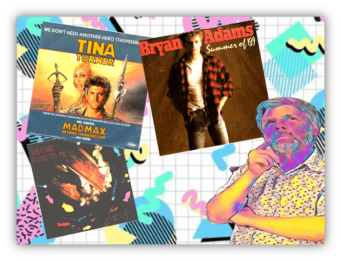 "Collage of iconic album covers featuring Tina Turner, Bryan Adams, and The Cure, with a colorful retro background."