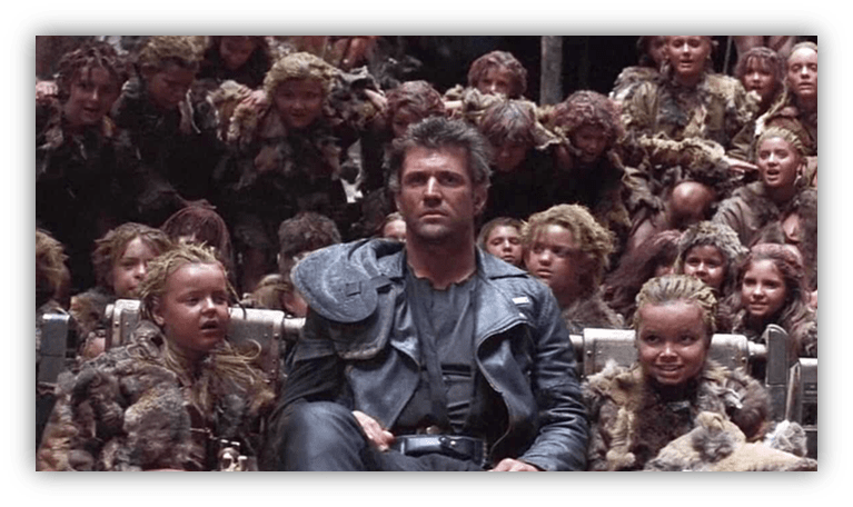 "Scene from a dystopian movie featuring a man surrounded by children in tattered clothing."