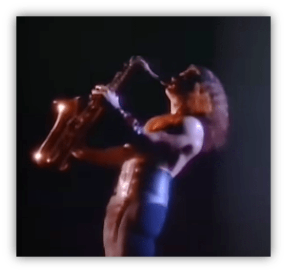 "Musician passionately playing saxophone on stage with dramatic lighting."