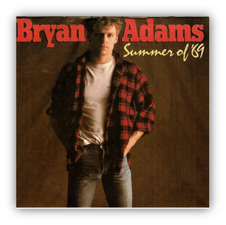 "Bryan Adams album cover for 'Summer of '69' featuring the artist in a plaid shirt."