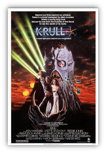 "Krull movie poster featuring a young hero and heroine amidst alien landscapes and laser beams."
