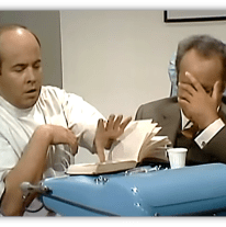 "Comedic scene of a dentist and anxious patient in a retro office setting."